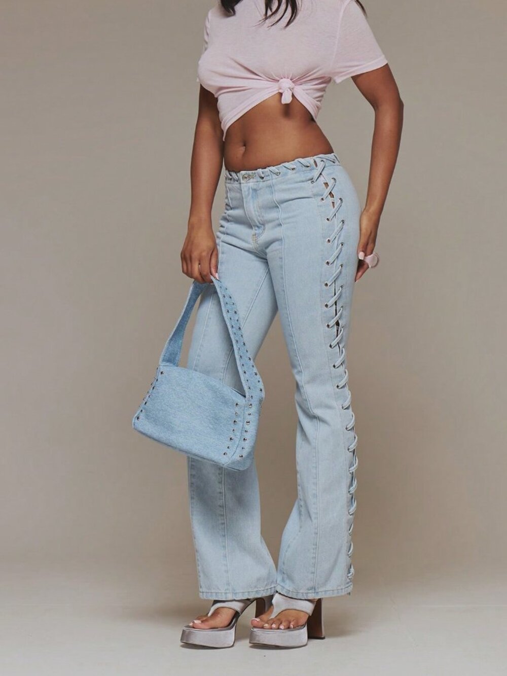 Light Wash Casual Women's Eyelet Lace Up Detail Fitted Flared Denim Jeans